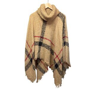 Plaid Knit Poncho With Cowl Neck Beige/Red/Black OS Old Money